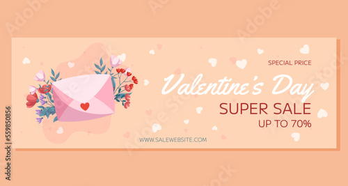 St. Valentines Day horizontal Super Sale banner template design. Pink closed envelop, red and pink flowers green leaves on beige backdrop. Special Price online shopping