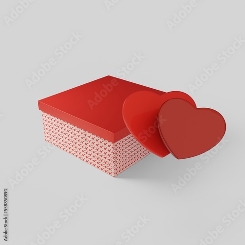 Festive box with red lid. Wrapping paper with hearts and big red hearts. 3D rendering. 