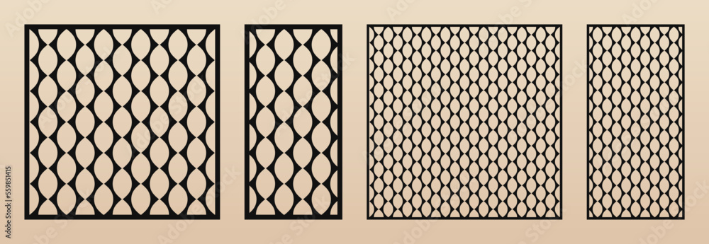 Laser cut panels set. Vector template. abstract geometric pattern with delicate rounded grid, mesh, lattice ornament. Decorative stencil for CNC cutting of wood, metal, paper. Aspect ratio 1:1, 1:2 Laser cut panels set. Vector template. abstract geometric pattern with delicate rounded grid, mesh, lattice ornament. Decorative stencil for CNC cutting of wood, metal, paper. Aspect ratio 1:1, 1:2