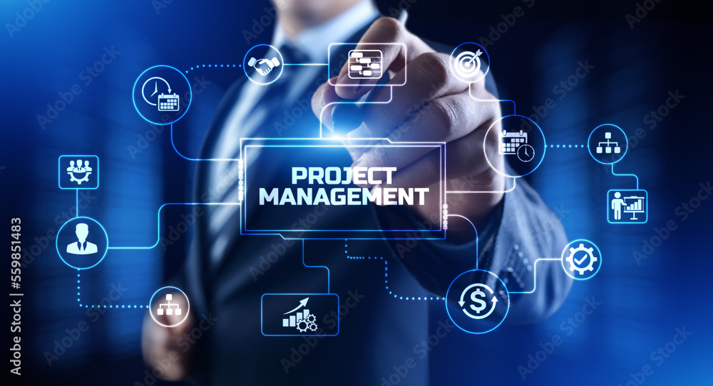 Fototapeta premium Project management business corporate technology. Businessman pressing button on screen.