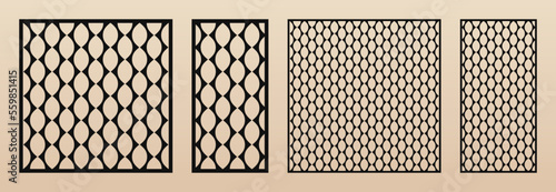 Laser cut panels set. Vector template. abstract geometric pattern with delicate rounded grid, mesh, lattice ornament. Decorative stencil for CNC cutting of wood, metal, paper. Aspect ratio 1:1, 1:2