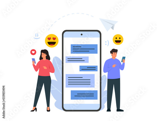 Man and woman chatting on smartphone. Online dating and virtual relationship concept. Flat vector illustration on white background.