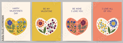 Set of greeting bright cards Happy Valentine's Day, invitations, declaration of love. Rectangular templates with flowers on the heart and text. Vector illustration.