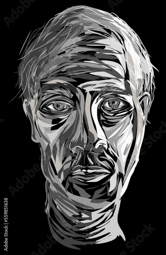 Vector portrait of young man in black and white color. Rough expression brush stroke  front view to human head