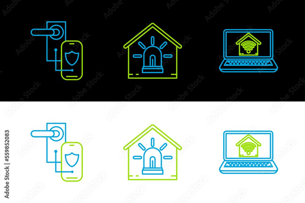 Set line Laptop with smart home with wi-fi, Digital door lock wireless technology for lock and Smart house and alarm icon. Vector Set line Laptop with smart home with wi-fi, Digital door lock wireless technology for lock and Smart house and alarm icon. Vector
