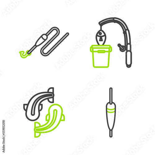 Set line Fishing float, rod and fish and line with hook icon. Vector