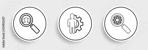 Set line Magnifying glass and gear, for search people and Human with inside icon. Vector