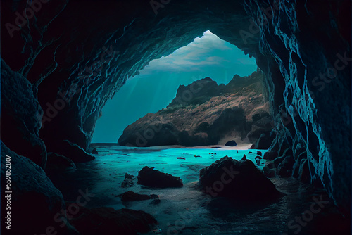 Cave in the ocean with blue...