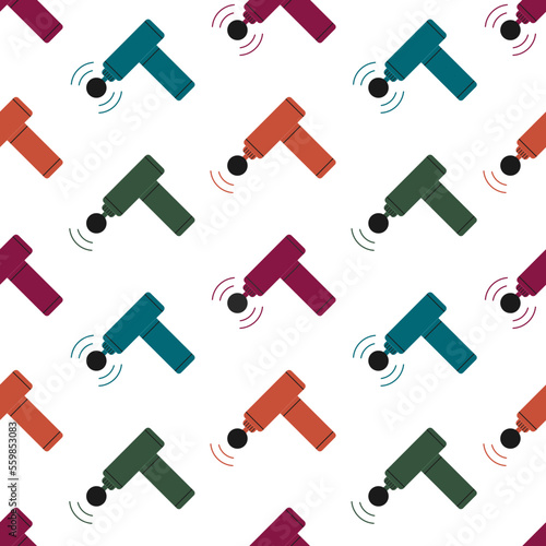 Seamless pattern with massage guns in different colors on white background. Percussion massager vector flat illustration