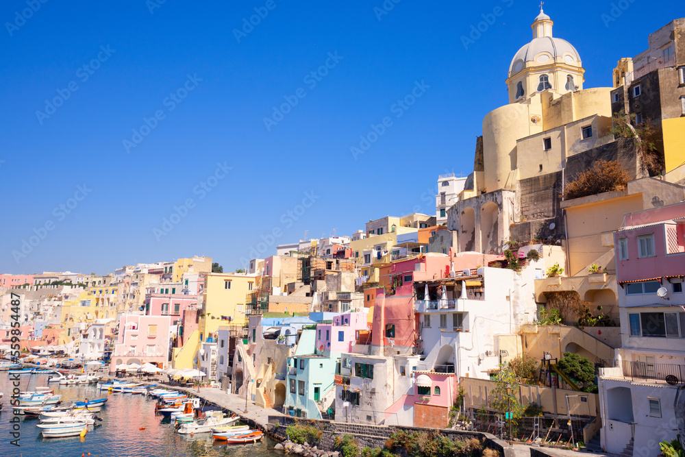 Procida island colorful small town street, Italy