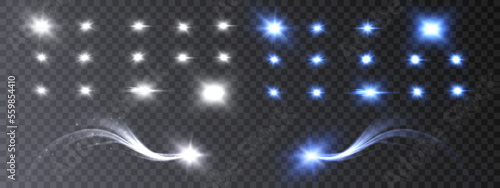 Set of light effects bright glowing light isolated on transparent background. Solar flare with rays and glare. Vector