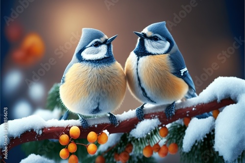 two birds sitting on a branch in the winter with snow, AI assisted finalized in Photoshop by me 
