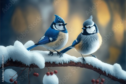 two birds sitting on a branch in the winter with snow, AI assisted finalized in Photoshop by me 