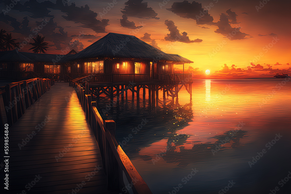 Maldives sunset. Landscape. Generative AI.