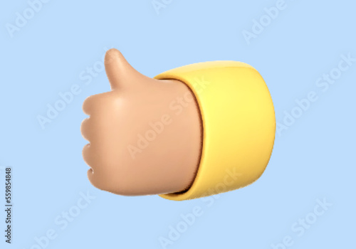 3D cartoon thumb up icon isolated on blue background. Hand gesture of like, Ok, good, success or approve. Vector 3d Illustration