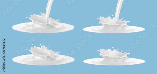 Set of milk splash with pouring milk isolated on blue background. Vector realistic illustration