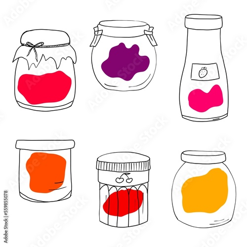 Set of jam jars doodle white background 