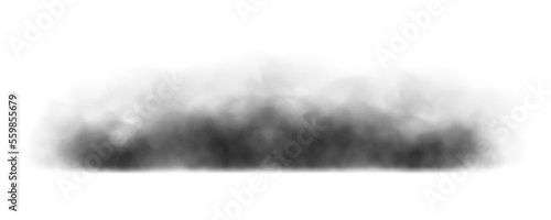 Black smoke cloud, dirty toxic fog or smog. Black fume texture isolated on white background. Vector realistic illustration of dark  smoky.
