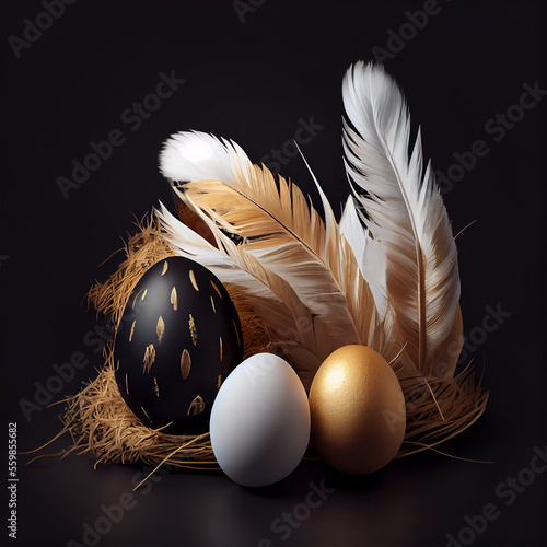 Nest with beautiful golden, black and white easter eggs and feathers, generative ia
