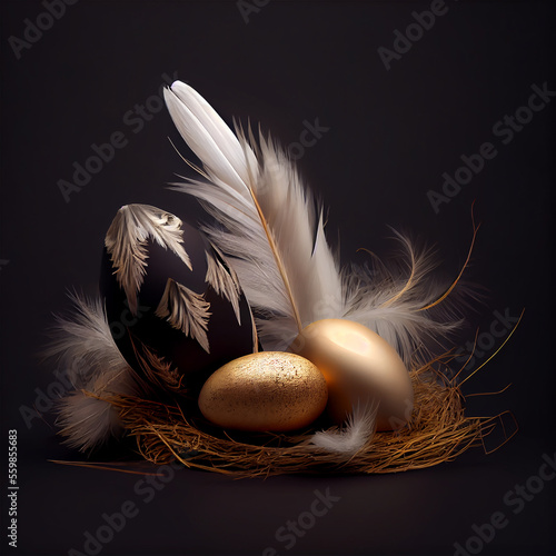 Nest with beautiful golden, black and white easter eggs and feathers, generative ia