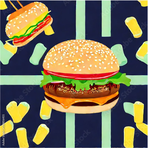 vector illustration cheeseburger and hotdogs with french fries with pastell background
