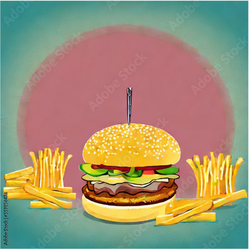 vector illustration cheeseburger and hotdogs with french fries with pastell background