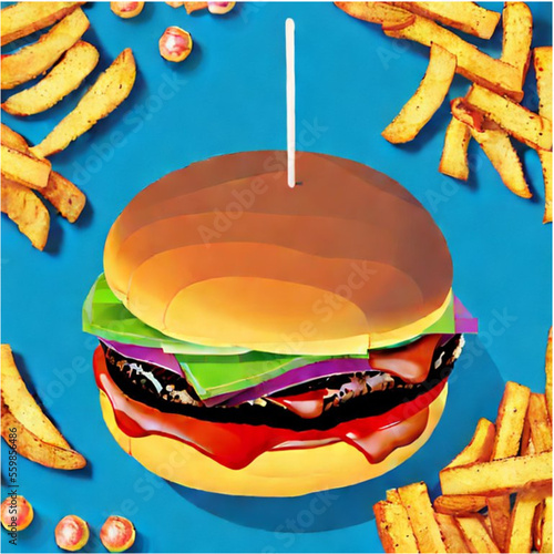 vector illustration cheeseburger and hotdogs with french fries with pastell background
