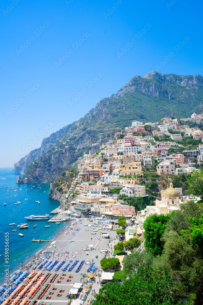 view of Positano town at summer - old italian resort, Italy