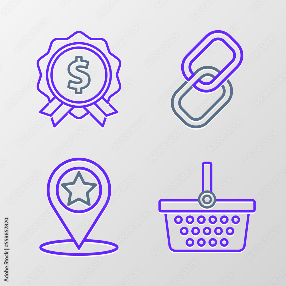 Set line Shopping basket, Map pointer with star, Chain link and Price tag dollar icon. Vector