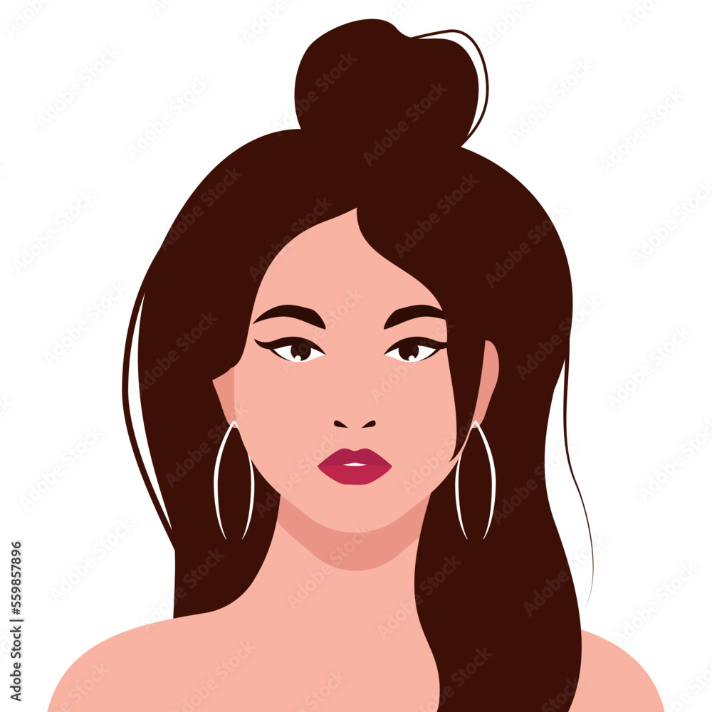 Portrait of elegant woman with magnificent hairstyle on white background. Close-up of beautiful face of girl with white skin. Vector trendy modern illustration. Portrait of elegant woman with magnificent hairstyle on white background. Close-up of beautiful face of girl with white skin. Vector trendy modern illustration.