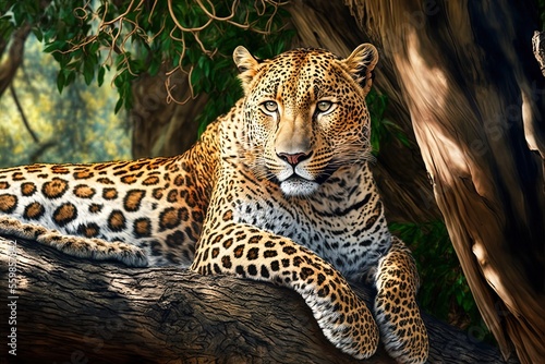 Beautiful panther pardus orientalis, a carnivore and endangered species, rests on a tree in its natural environment at a zoo. Generative AI