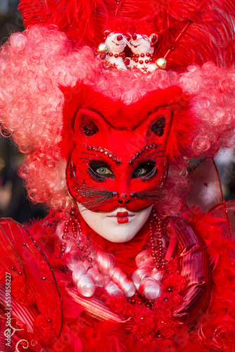 Fototapeta Naklejka Na Ścianę i Meble -  ritratto verticale di donna con maschera rosso fuoco e orecchie da gatto, tulle e vestito rosso