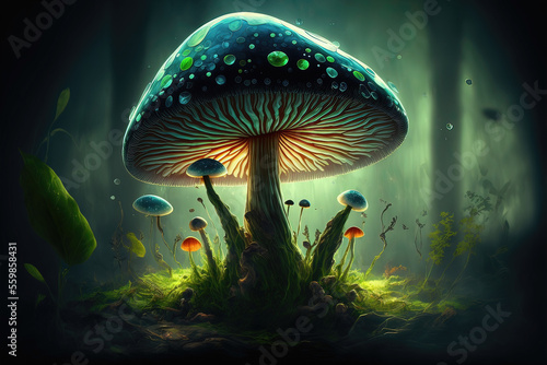 Fantasy mushroom wallpaper in the forest. Generative AI