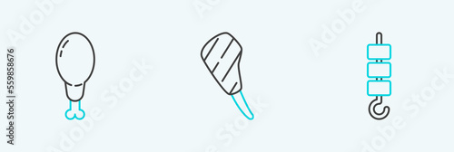 Set line Grilled shish kebab on skewer stick, Chicken leg and Rib eye steak icon. Vector