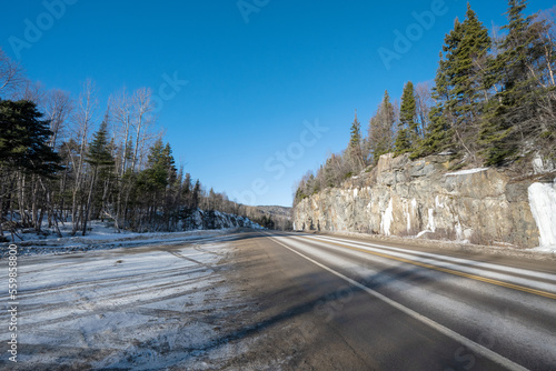 North coast road along the St. Lawrence River in winter