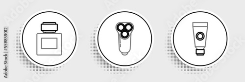 Set line Cream or lotion cosmetic tube, Aftershave and Electric razor blade for men icon. Vector