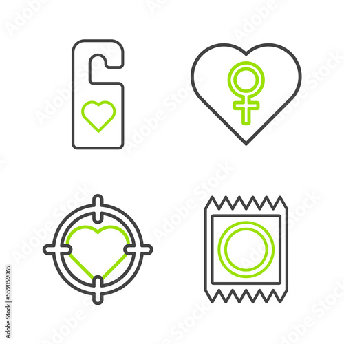 Set line Condom in package, Heart the center of darts target aim, with female gender and Please not disturb heart icon. Vector