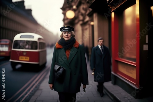 Candid vintage photograph of a female officer walking in 1969 London, generative ai photo