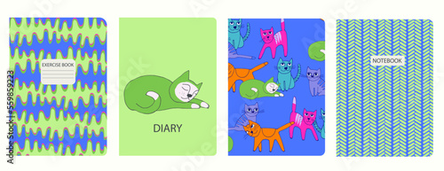 Set of cover page vector templates based on seamless patterns with cats. Perfect for school exercise books, notebooks, kids diaries