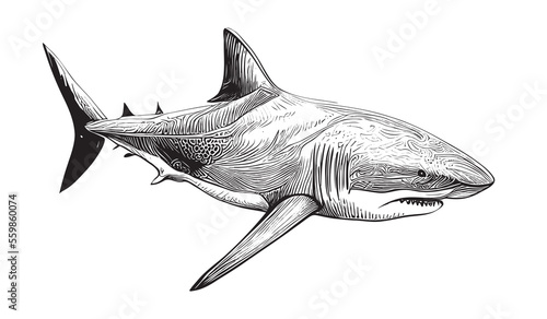 Shark hand drawn sketch engraving style side view Vector illustration.