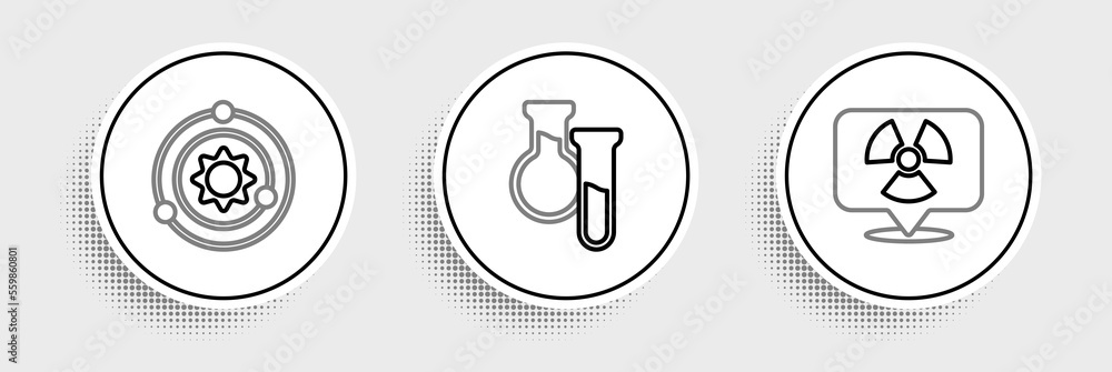 Set line Radioactive in location, Solar system and Test tube and flask icon. Vector Set line Radioactive in location, Solar system and Test tube and flask icon. Vector