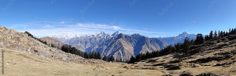 panorama of the mountains Panorama of Himalayan mountain range visible from Kuari pass trek