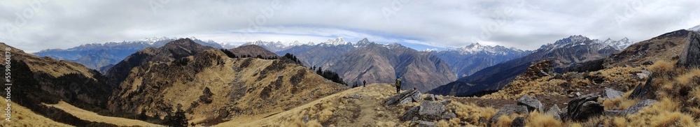 view of park national park Panorama of Himalayan mountain range visible from Kuari pass trek