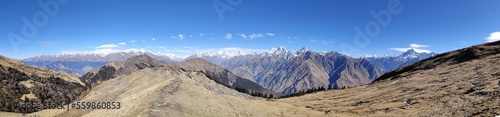view of the mountains Panorama of Himalayan mountain range visible from Kuari pass trek
