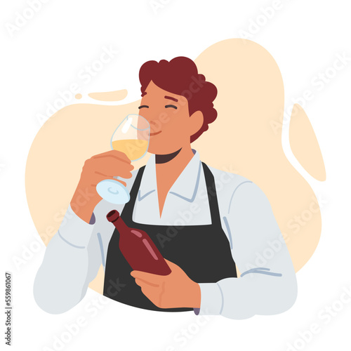 Sommelier Tasting Wine Concept. Specialist Male Character Tasting Aroma and Drink Beverage from Wineglass