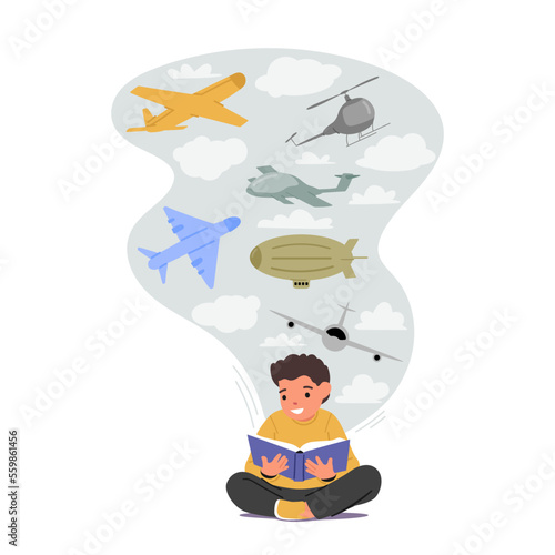 School Boy Student Learn Aircraft History from Book. Back to School, Education, Learning Concept. Kid Sitting on Floor