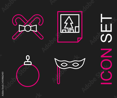 Set line Festive mask, Christmas ball, postcard and candy cane icon. Vector