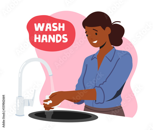 Health Care and Immunity Boost Concept with Happy Woman Washing Hands, Hygiene Procedure Banner with Female Character