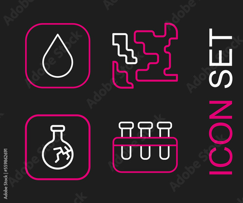 Set line Test tube and flask, Cracked, Gaseous and Water drop icon. Vector