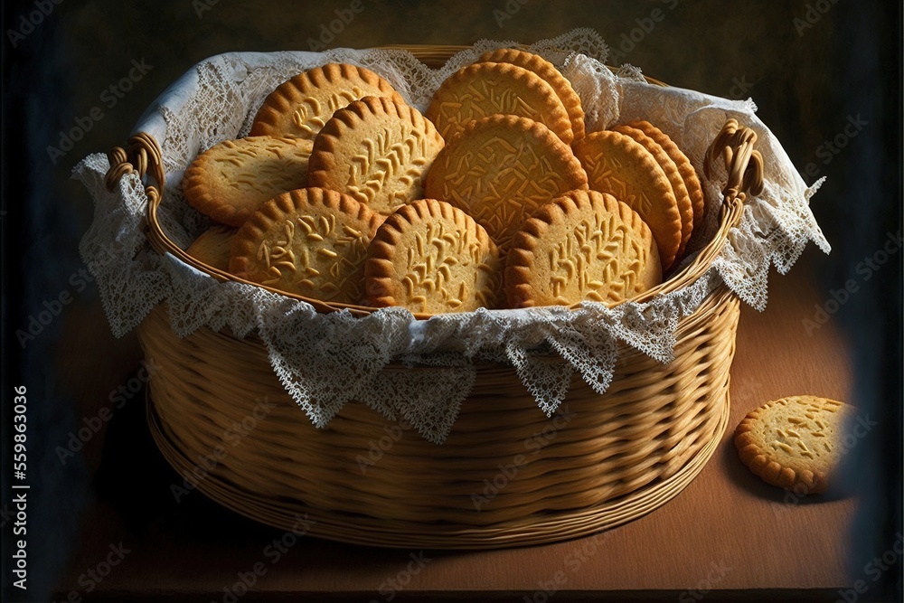  a basket of cookies sitting on a table next to a cookie cutter and a cookie cutter in it's basket with a lace edge and a few cookies in it on a table cloth.
